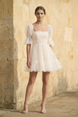 Pearl Short Reception Wedding Dresses With Bubble Sleeves