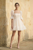 Pearl Short Reception Wedding Dresses With Bubble Sleeves