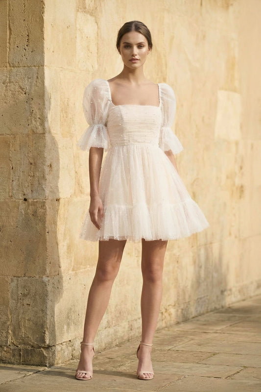 Pearl Short Reception Wedding Dresses With Bubble Sleeves