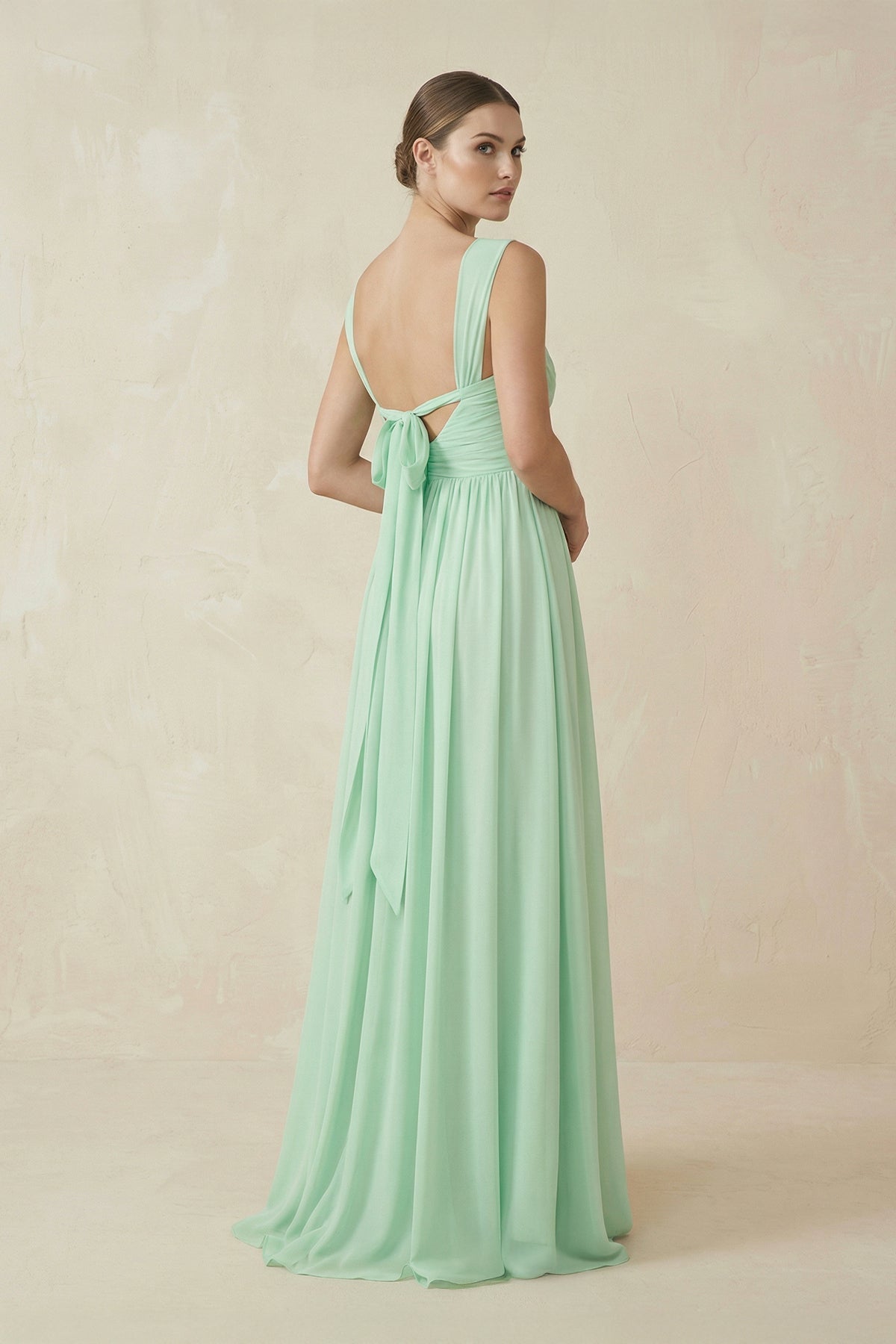 A-Line Pleated Chiffon Long Bridesmaid Dress in Pale Pistachio