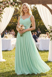A-Line Pleated Long Chiffon Bridesmaid Dress in Pale Pistachio