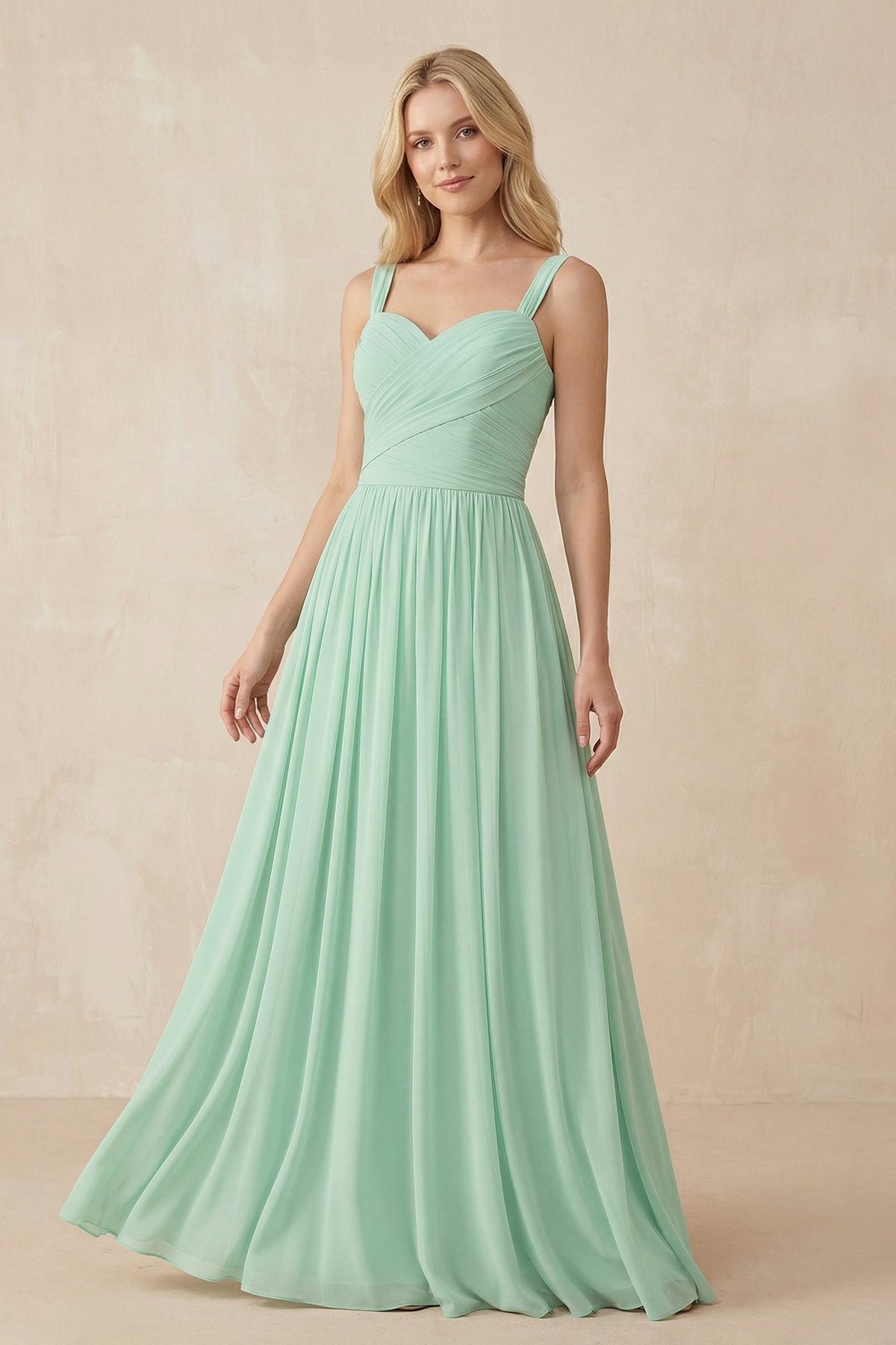A-Line Pleated Long Chiffon Bridesmaid Dress in Pale Pistachio