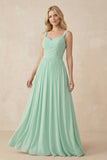 A-Line Pleated Long Chiffon Bridesmaid Dress in Pale Pistachio