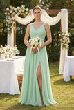A-Line Pleated Chiffon Long Bridesmaid Dress in Pale Pistachio