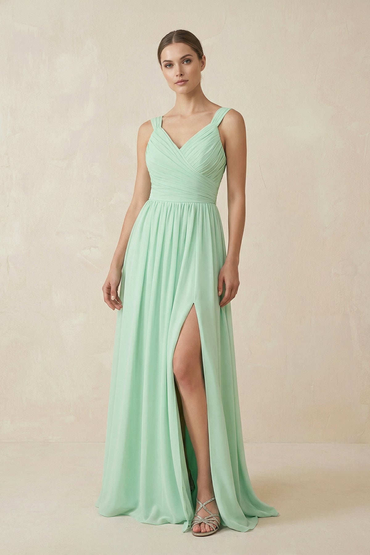 A-Line Pleated Chiffon Long Bridesmaid Dress in Pale Pistachio