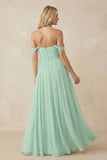 A-Line Pleated Long Chiffon Bridesmaid Dress in Pale Pistachio
