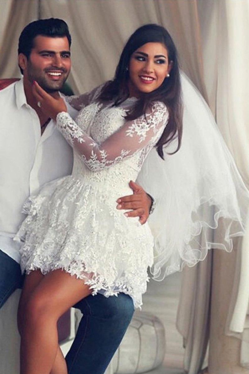 A-Line Illusion Neck Lace Applique Long Sleeves Short-Mini Wedding Dresses
