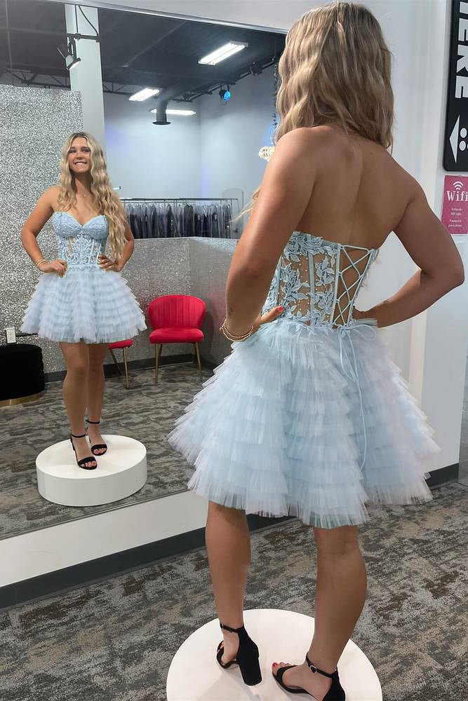 A-Line Ruffled Yellow Strapless Corset Short Homecoming Dress