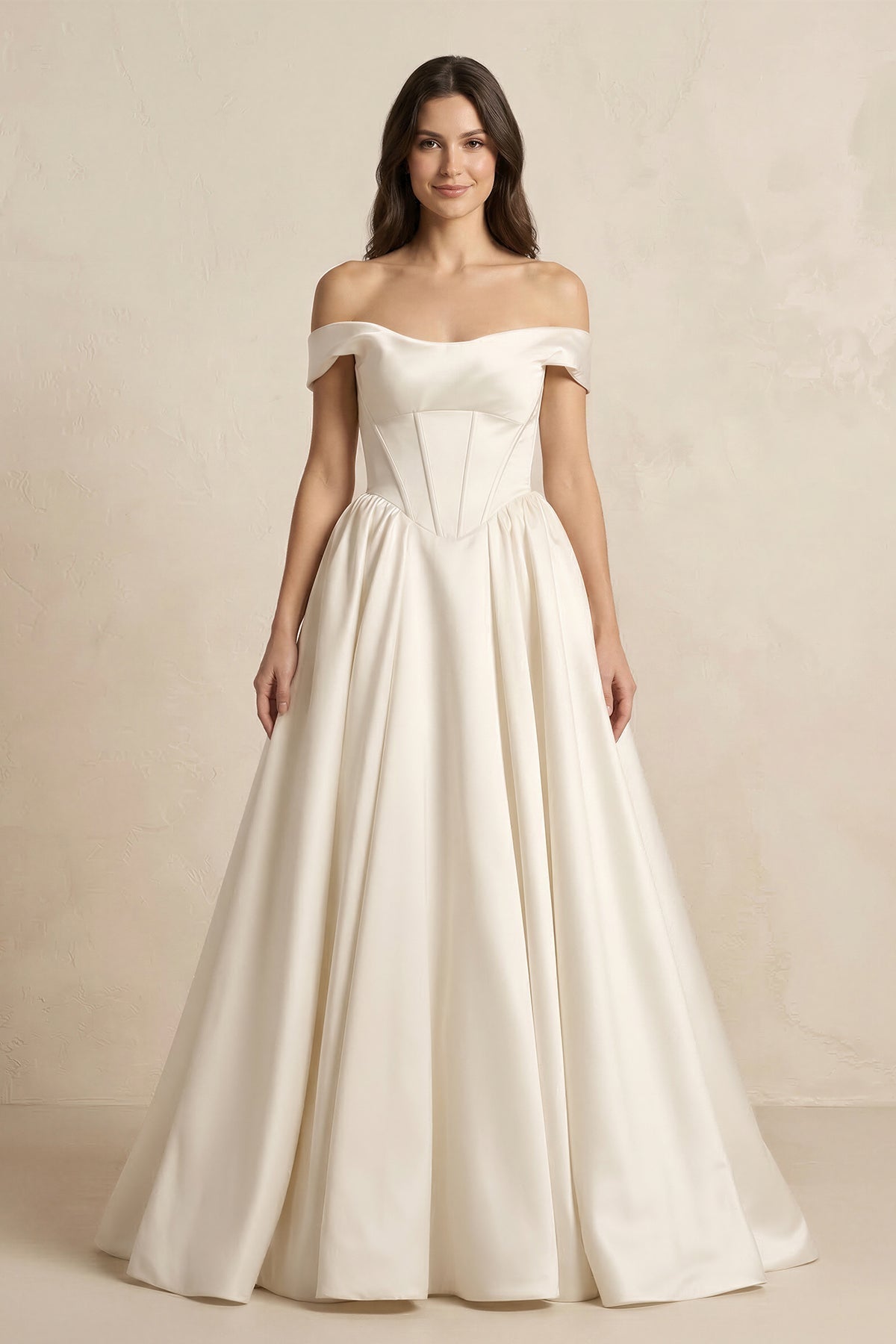 A-Line Satin Off-the-Shoulder Corset Wedding Dress in Ivory