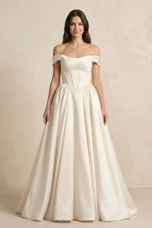 A-Line Satin Off-the-Shoulder Corset Wedding Dress in Ivory