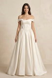 A-Line Satin Off-the-Shoulder Corset Wedding Dress in Ivory