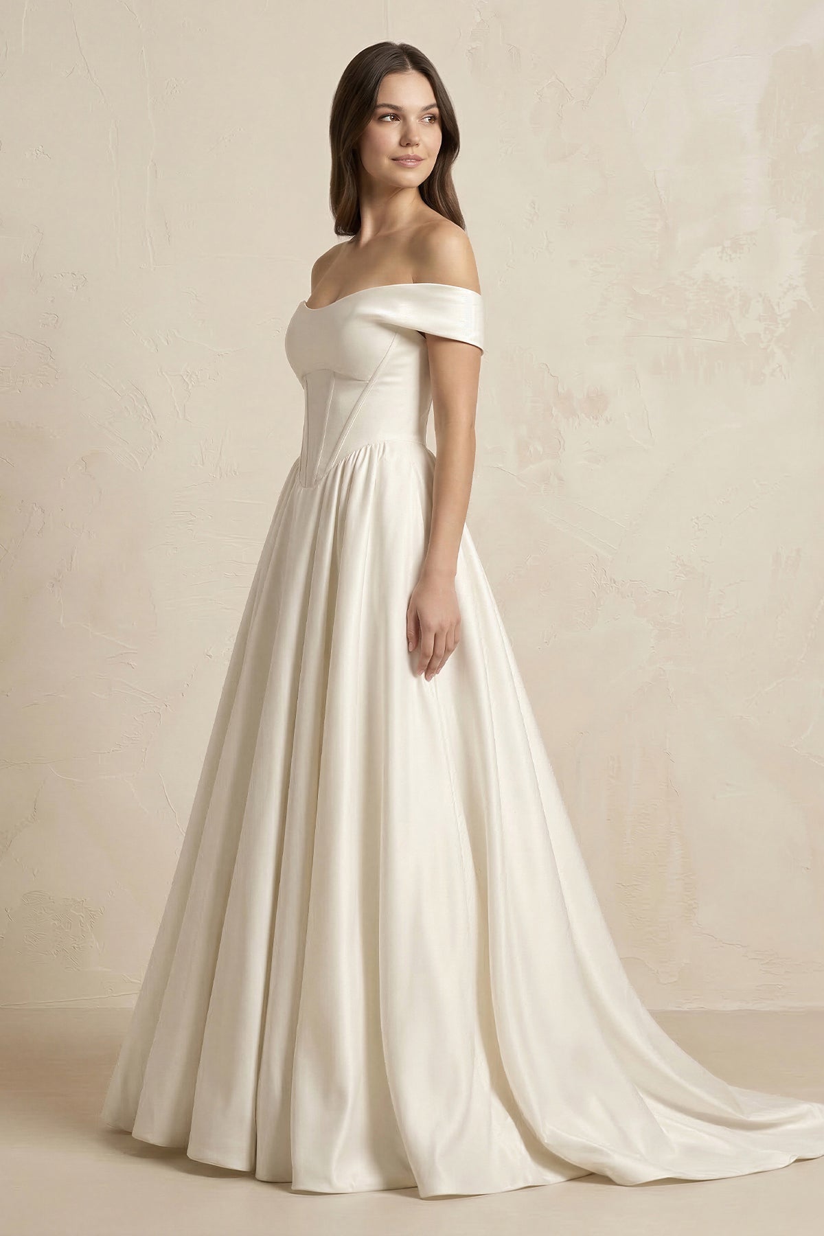 A-Line Satin Off-the-Shoulder Corset Wedding Dress in Ivory