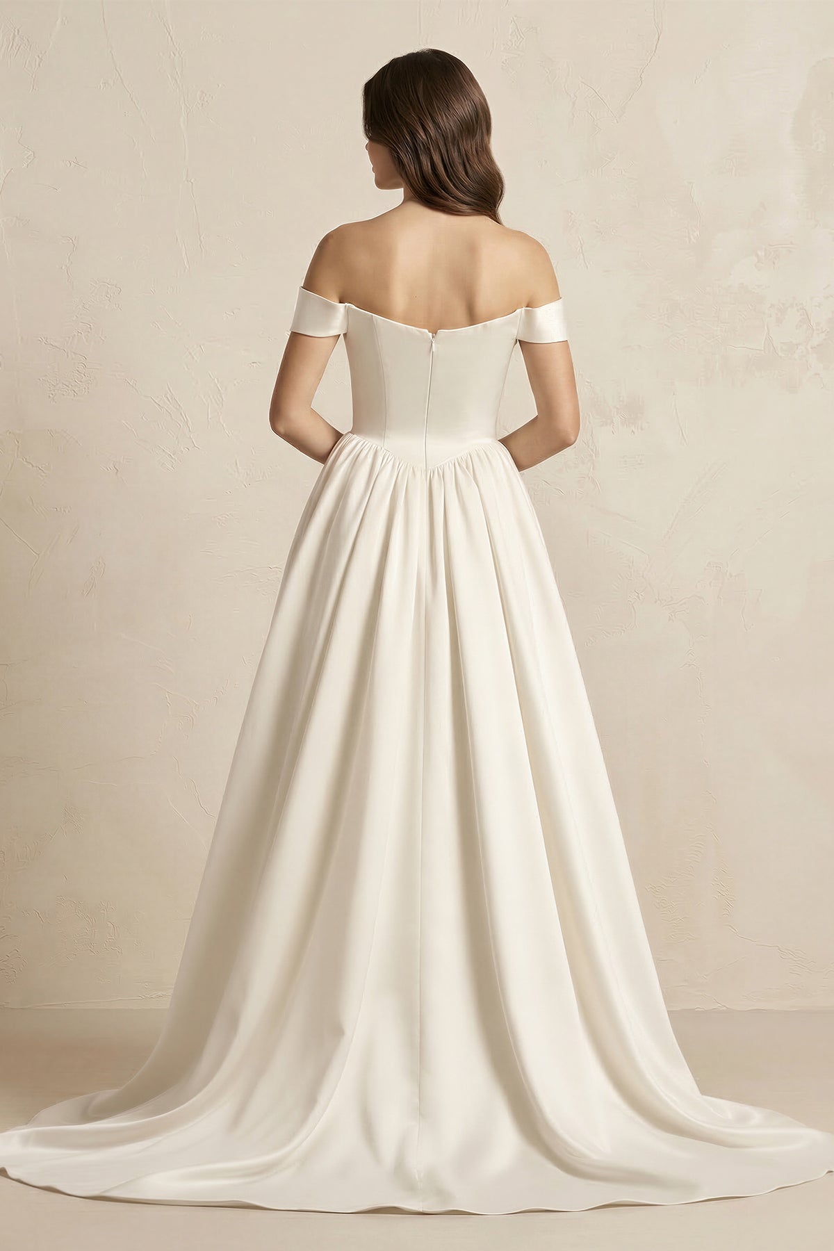 A-Line Satin Off-the-Shoulder Corset Wedding Dress in Ivory