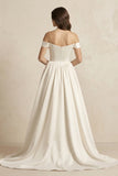 A-Line Satin Off-the-Shoulder Corset Wedding Dress in Ivory