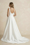 Simple A-Line Square Neck White Satin Wedding Dresses