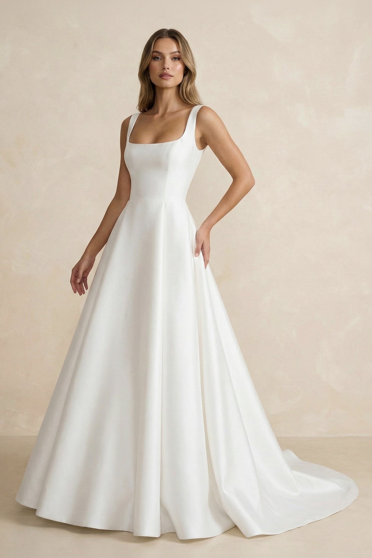 Simple A-Line Square Neck White Satin Wedding Dresses