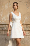 A-Line Satin V-Neck Short Wedding Dress with Large Bow