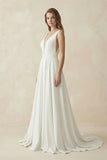 A-Line Plunging V-Neck Satin Wedding Dress