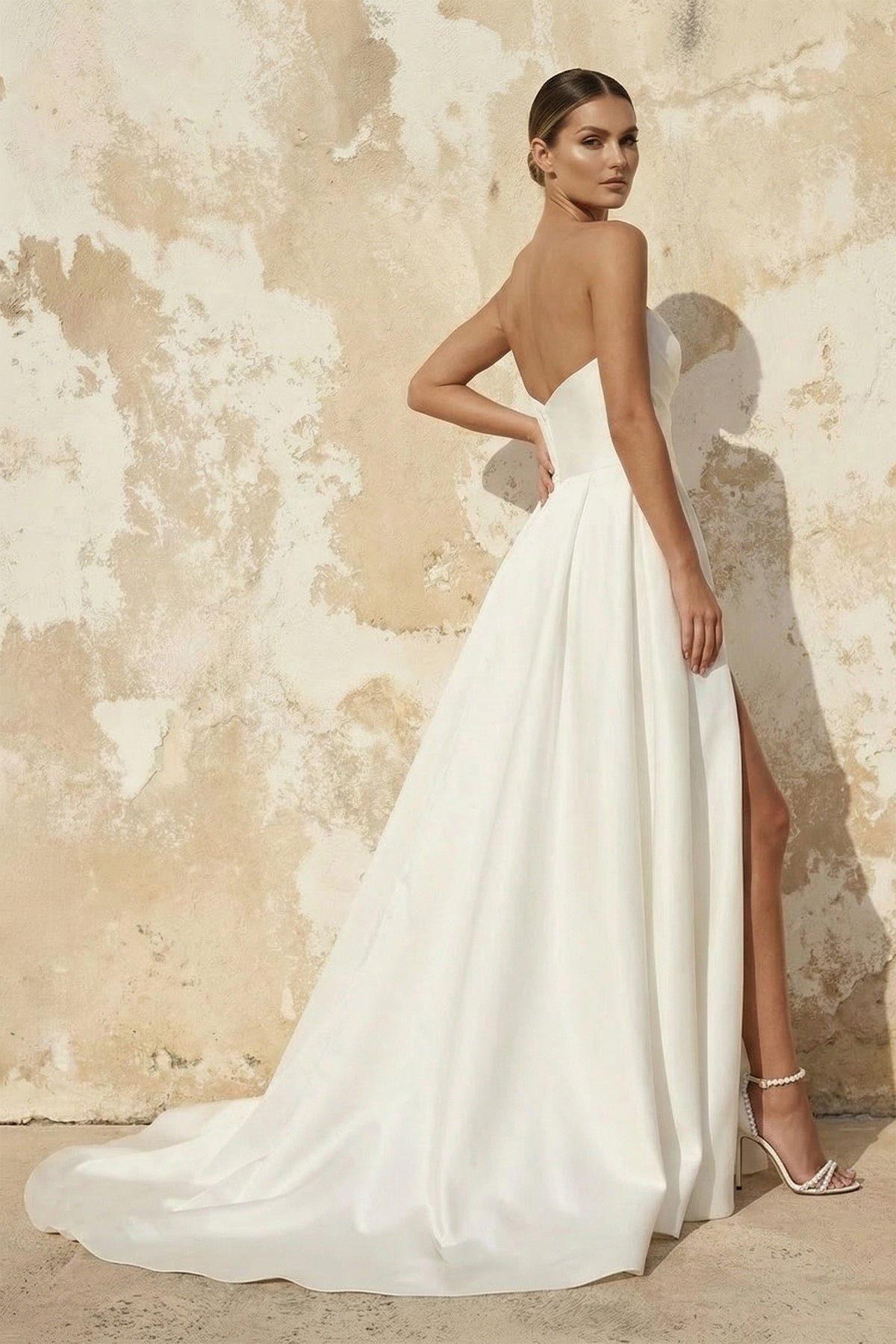 A-Line White Sleeveless Satin Wedding Dress With Side Slit