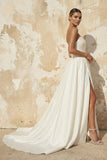 A-Line White Sleeveless Satin Wedding Dress With Side Slit