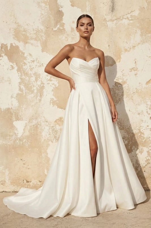 A-Line White Sleeveless Satin Wedding Dress With Side Slit
