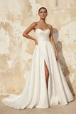 A-Line White Sleeveless Satin Wedding Dress With Side Slit