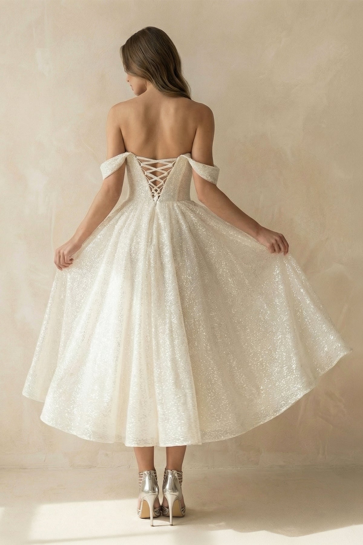 A-Line Sparkly Sequined Tea-Length Wedding Dresses