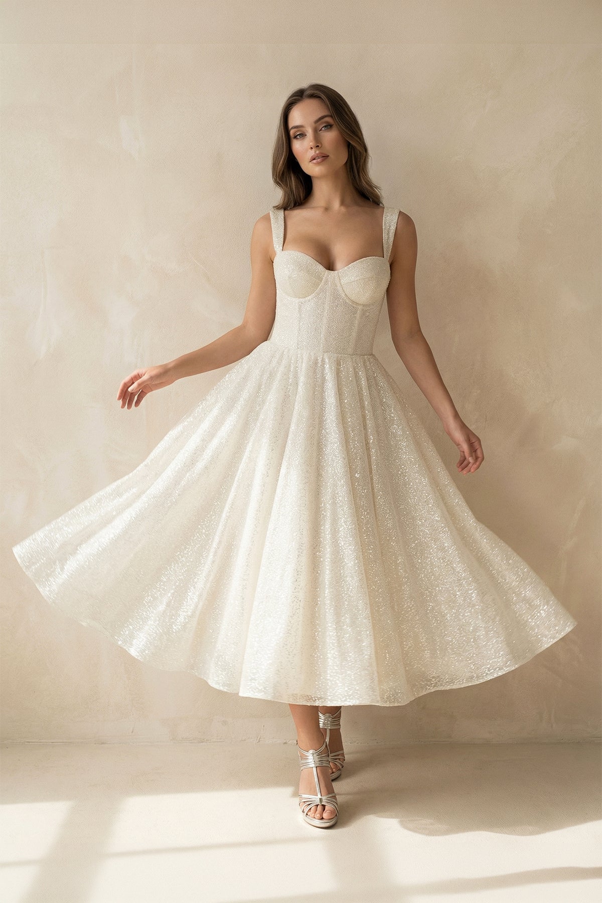 A-Line Sparkly Sequined Tea-Length Wedding Dresses