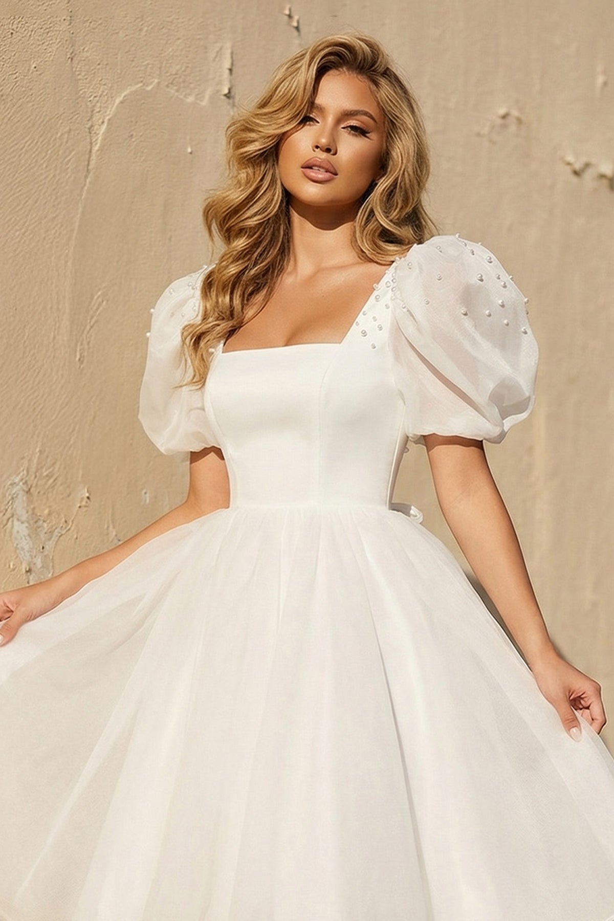 A-Line Square-Neck Short Wedding Dress With Puffy Pearls Sleeves