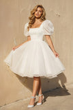 A-Line Square-Neck Short Wedding Dress With Puffy Pearls Sleeves