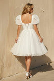 A-Line Square-Neck Short Wedding Dress With Puffy Pearls Sleeves