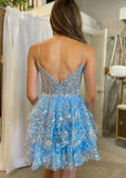 A- Line Sky Blue Sequins Multi-Layers Short Homecoming Dress