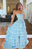 Sky Blue - Strapless A Line Chiffon Tiered Prom Dresses With Bowknot