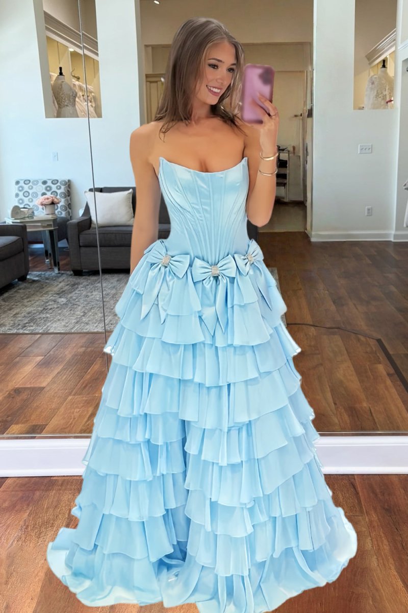 Sky Blue - Strapless A Line Chiffon Tiered Prom Dresses With Bowknot