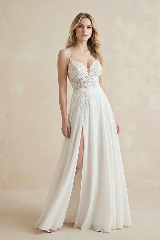 A-Line Spaghetti Chiffon Wedding Dress Simple Bohemian Elegant Summer Beach Garden With Open Back And Sleevesless And Split Front