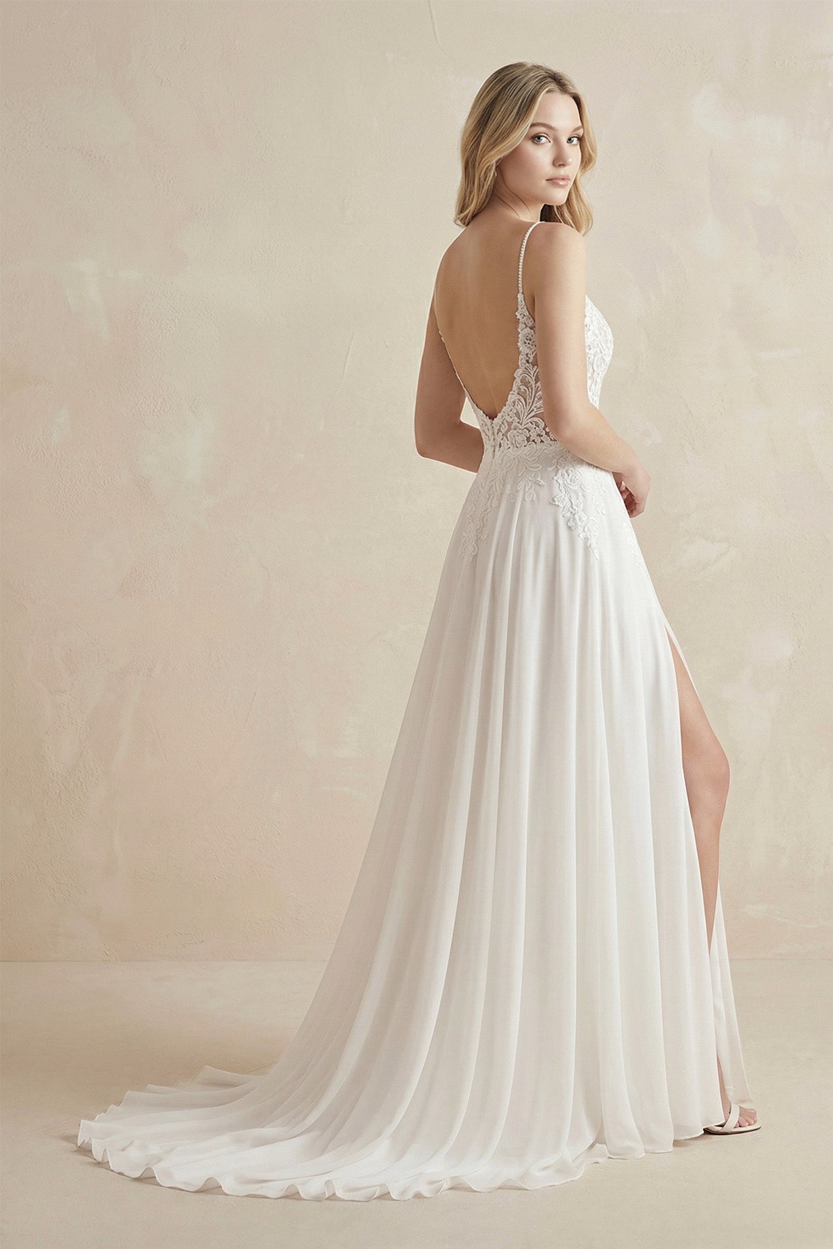 A-Line Spaghetti Chiffon Wedding Dress Simple Bohemian Elegant Summer Beach Garden With Open Back And Sleevesless And Split Front