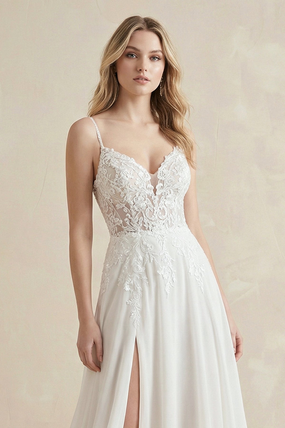 A-Line Spaghetti Chiffon Wedding Dress Simple Bohemian Elegant Summer Beach Garden With Open Back And Sleevesless And Split Front