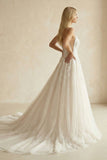 A Line Spaghetti Straps Deep V Neck White Lace Appliques Wedding Dress