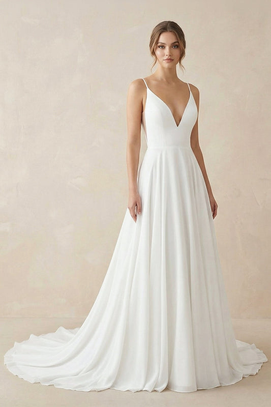 A-line Spaghetti Straps Lace Appliques Simple Wedding Dress