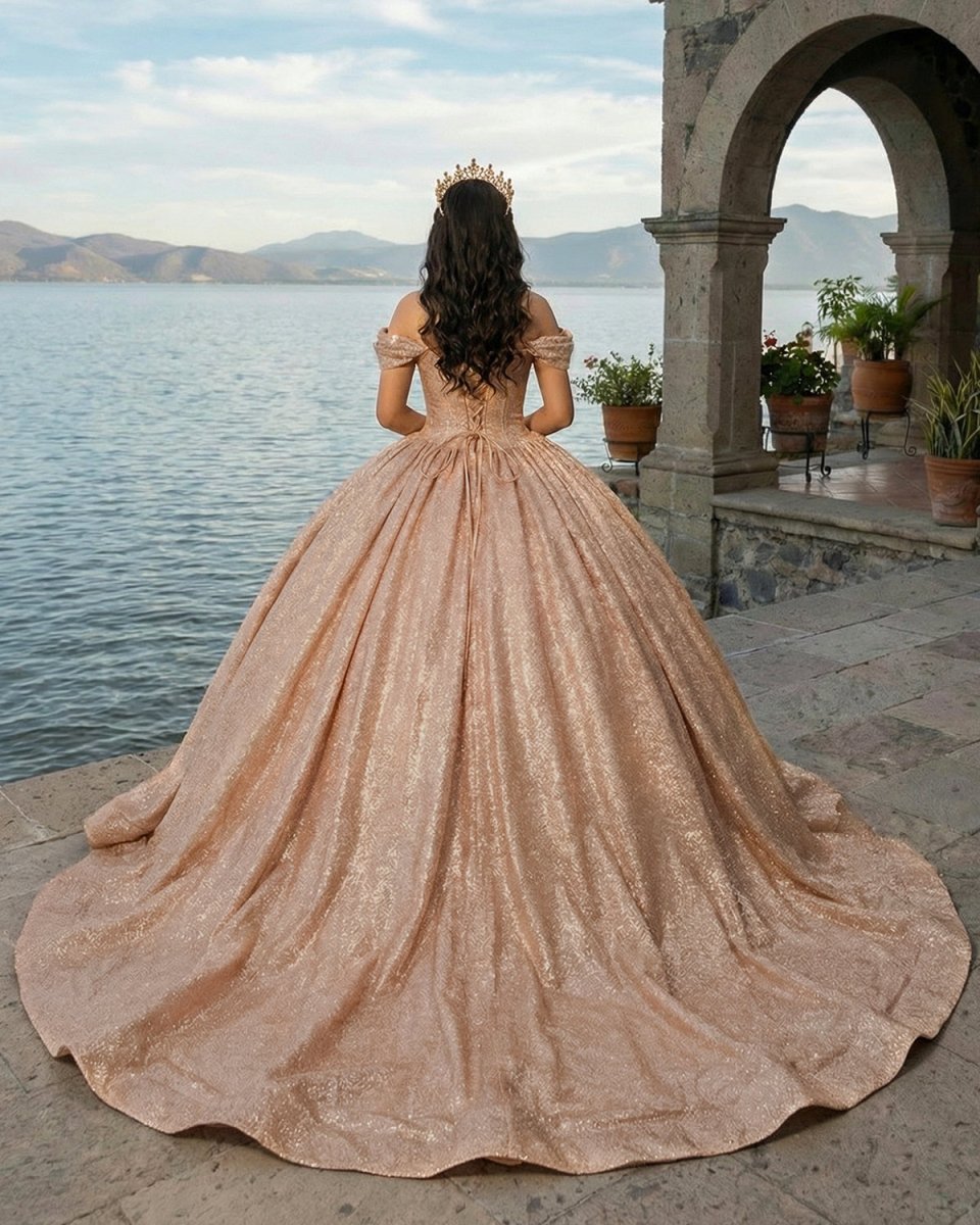 Champagne Sparkle Ball Gown Off-the-Shoulder Short Sleeves Quinceanera Dress