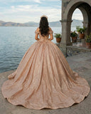 Champagne Sparkle Ball Gown Off-the-Shoulder Short Sleeves Quinceanera Dress