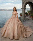 Champagne Sparkle Ball Gown Off-the-Shoulder Short Sleeves Quinceanera Dress