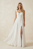A-Line Square Neckline Sleeveless Chiffon Wedding Dresses With High Split