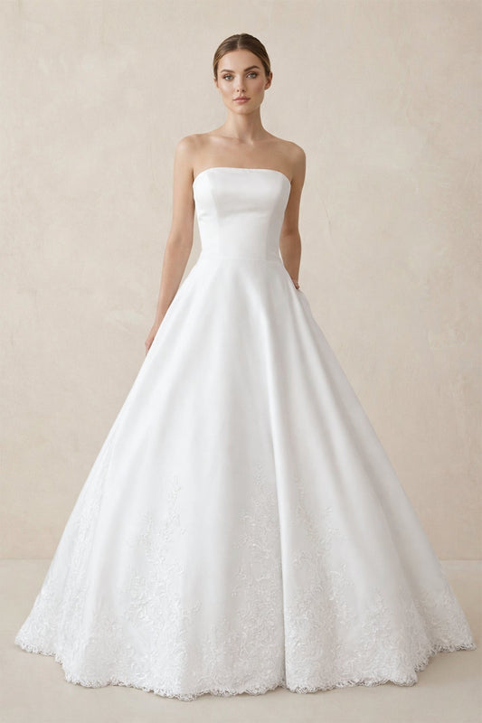 Ball-Gown Strapless Satin Wedding Dresses With Pockets in White