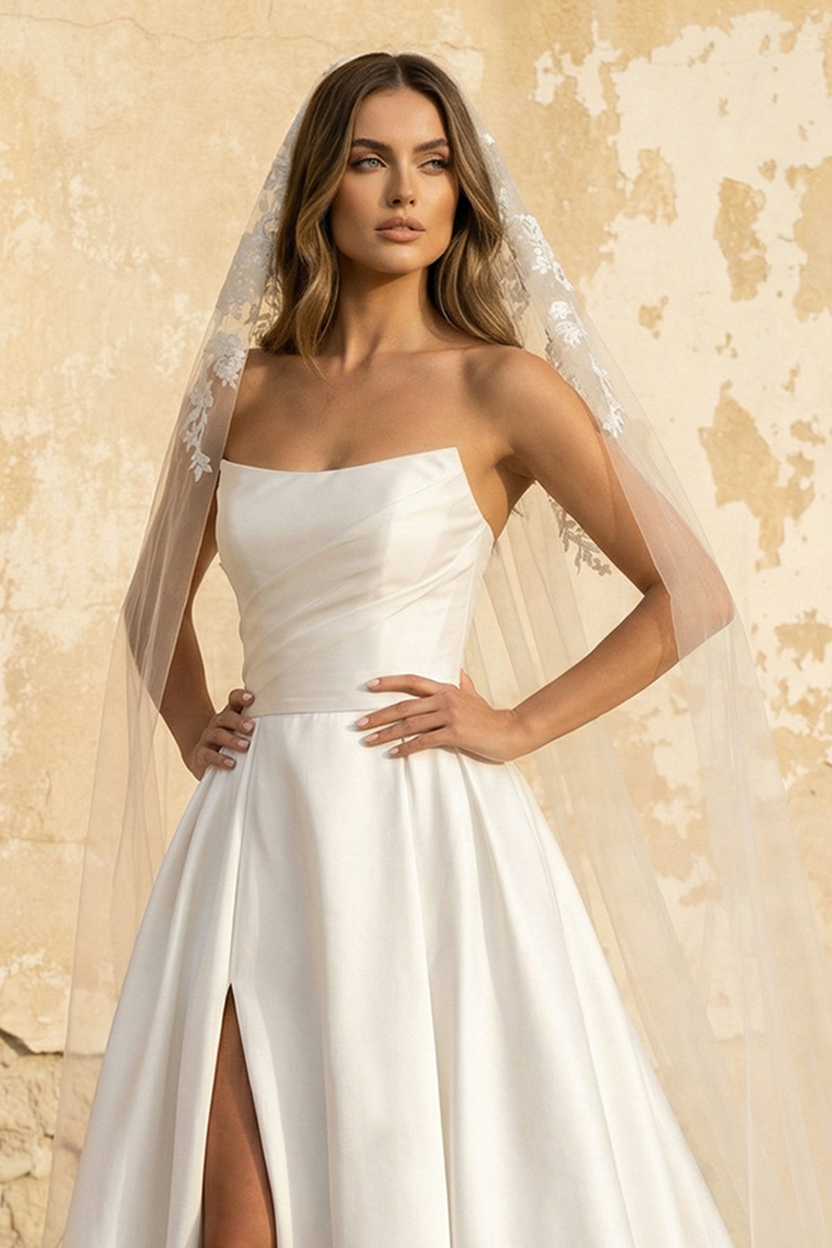 A-Line White Satin Strapless Wedding Dresses with Slit