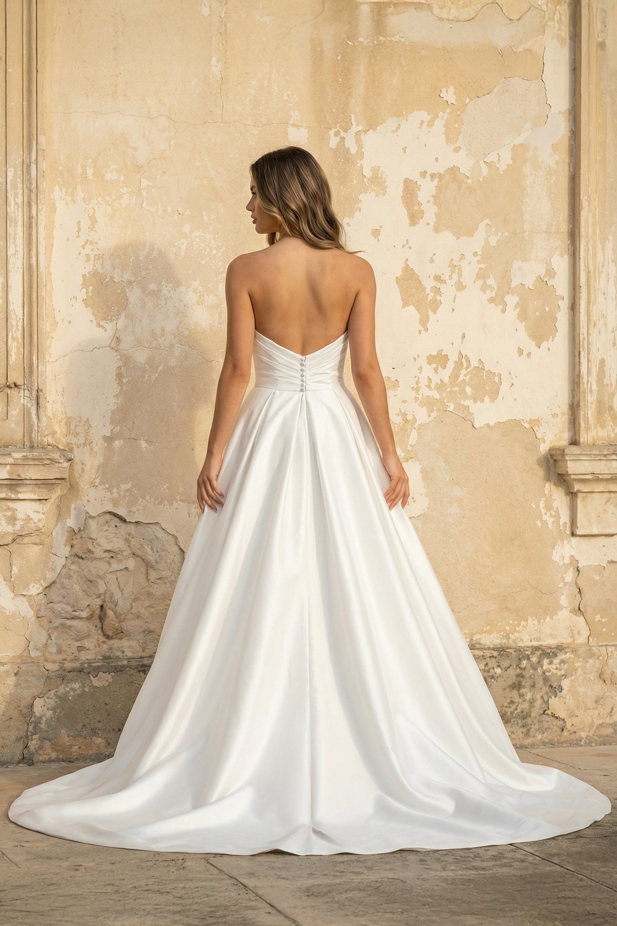 A-Line White Satin Strapless Wedding Dresses with Slit