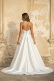 A-Line White Satin Strapless Wedding Dresses with Slit