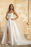A-Line White Satin Strapless Wedding Dresses with Slit
