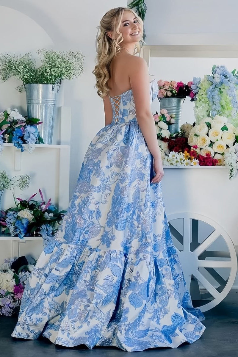 A-Line Sweetheart Floral Printed Long Prom Dresses