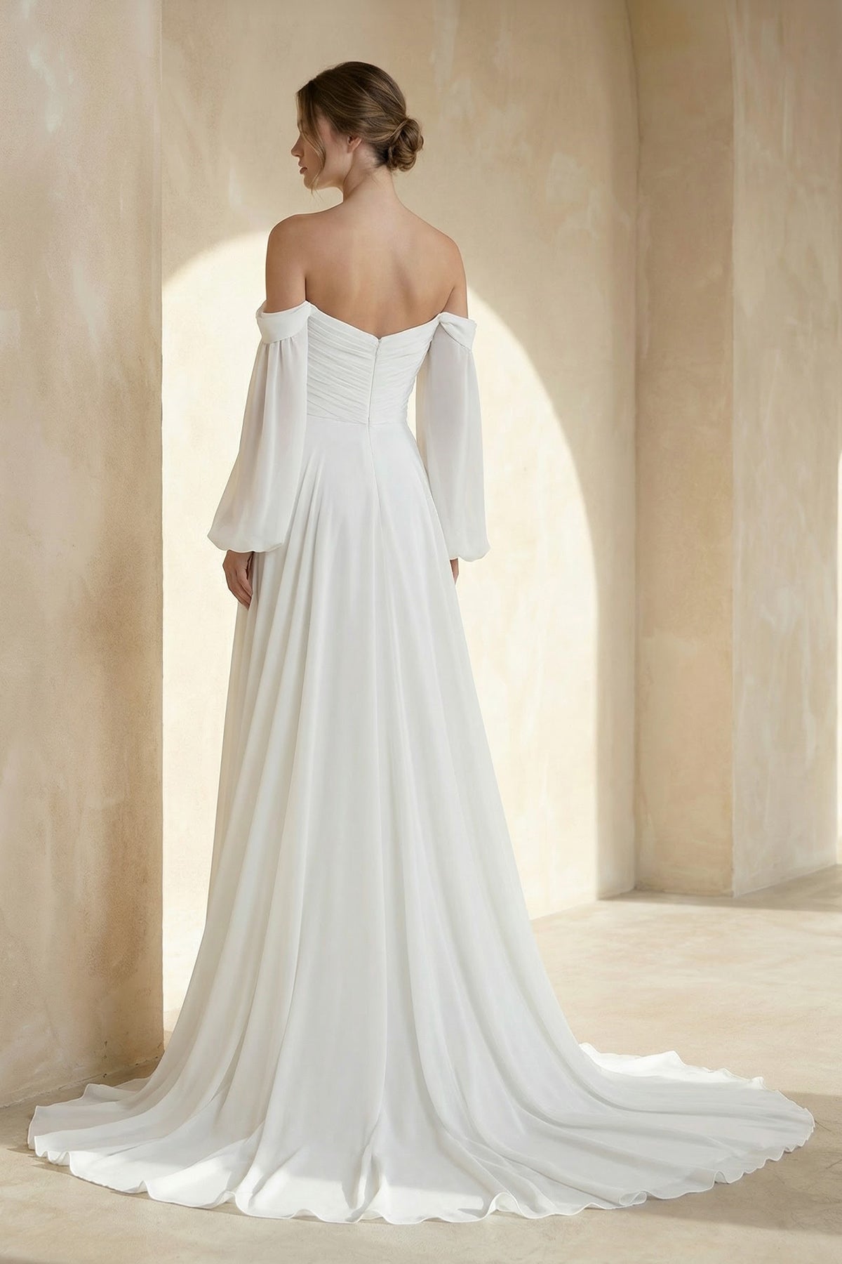 A-Line Sweetheart Long Sleeves Chiffon Sweep Train Wedding Dress